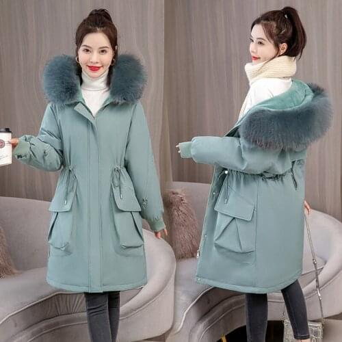 SWREDMI Winter Long Coats Women With Big Pockets Plus Size S-4XL Fur Lining Warm Parkas Hooded Pleated Jackets Snow Wear