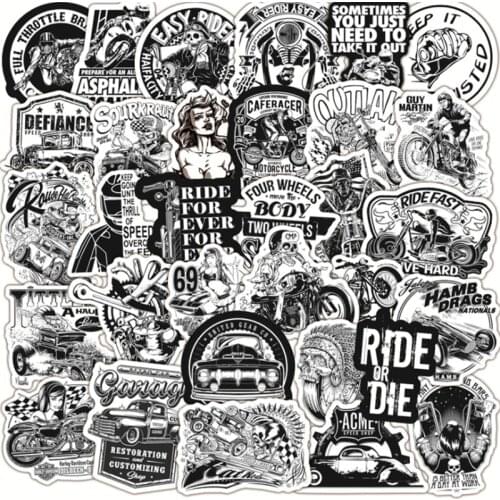 10/30/50 PCS Black and White Classic Gothic Skull Cartoon Graffiti Motorcycle Helmet Refrigerator Decoration Stickers Wholesale