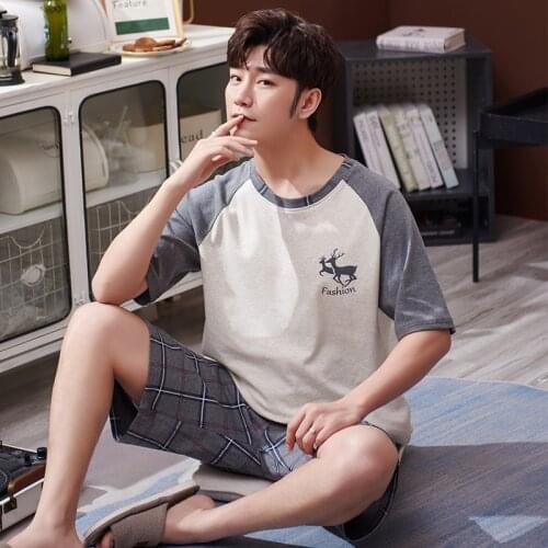 100% Cotton Cartoons Short Sleeve T Shirt + Shorts Mens Pajamas Sets Summer Casual Homewear Plus Size Loose PJs Sleepwear Sets