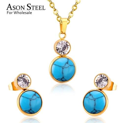 ASONSTEEL Earring And Necklace Sets Stainless Steel Blue Stone Pendant Necklace Female Earring Fashion Jewelry Party Gift