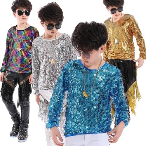 Sequin Jazz Dance Tops Boys Long-Sleeved T-Shirt Drum Street Perform Costume ChildrenS Plus Size Hip Hop Shirt 110-170cm DL3961