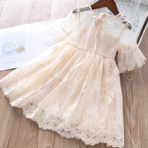 DFXD New Kids Dresses For 2-7T Summer Baby Short Sleeve Princess Dress Lace Embroidery Gauze Ball Gown Baby Girl Clothes Vestido