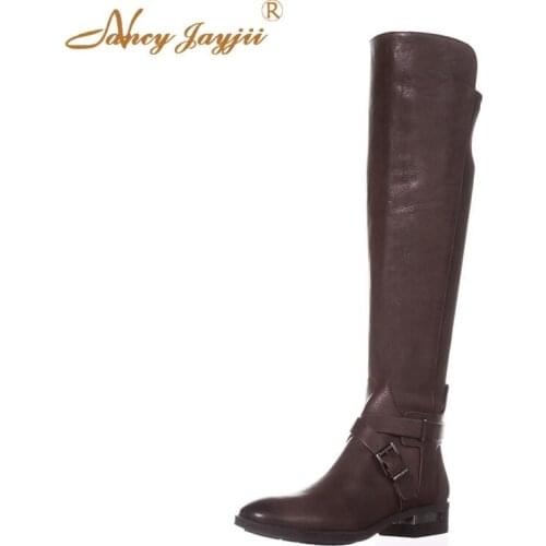 Winter Woman Shoes Adult Boots knee-High Brown Slip-On Buckle Med Square Heels Mature Zipper Leisure 2019 3cm~5cm Classic