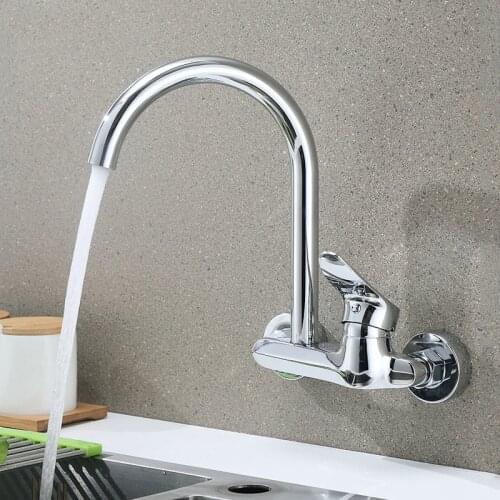 Kitchen Faucet Wall Mounted Single Handle Double Holes Sink Basin Faucet 360 Degree Swivel Hot and Cold Water Mixer Tap Crane