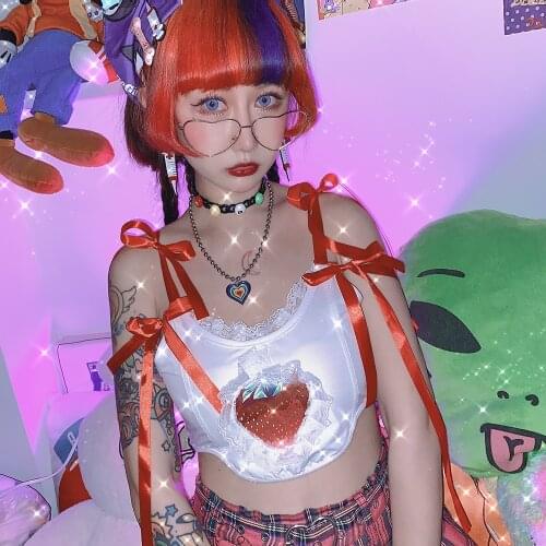 Summer Sweet WomenS Vest Japanese Kawaii White Sling Short Top Slim Sexy Bowknot Ribbon Strawberry Streetwear Clothes Female