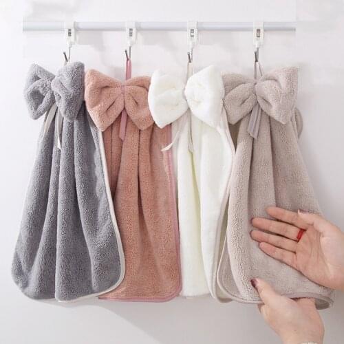 Cute Bowknot Coral Velvet Hand Towel Soft Wipe Dishcloths Hanging Absorbent Cloth Kitchen Tools Bathroom Accessories 30*33cm