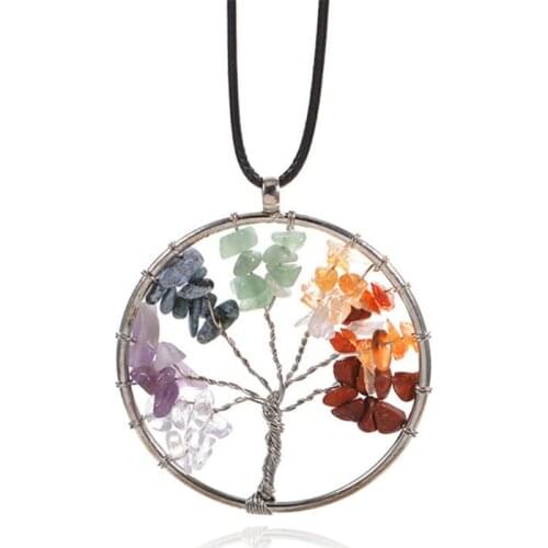Fashion colorful natural stone leather rope fortune tree necklace natural gravel color pendant necklace women sweater chain