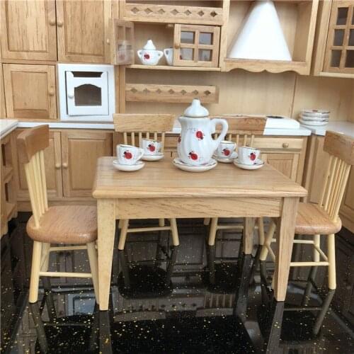 1/12 Scale Wooden Dinette Toy Square Table Bamboo Chair 5pcs Set Dollhouse Kitchen Furniture Miniature Dolls Special Accessories