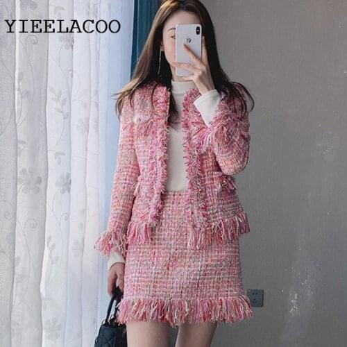 Pink tweed jacket + Skirt suit sequined fabric Spring /Autumn womens jacket ladies 2 piece Elegant Professional Set