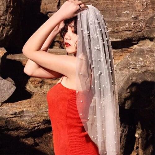 Wedding Veil with Pearls Short Bridal Veil Crystal One Layer Beaded Veil for Bride with Comb velo de novia White Ivory Champagne