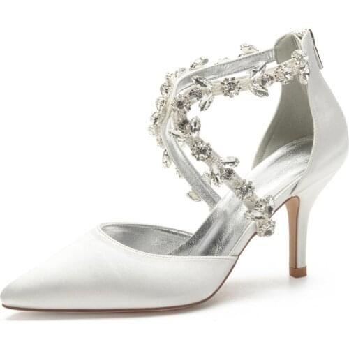 Pointed toe Satin Dress Shoes Crossed Strap with Big Crystals Diamonds Bridal Wedding Pumps Lady Stelitto Party Prom Sandals
