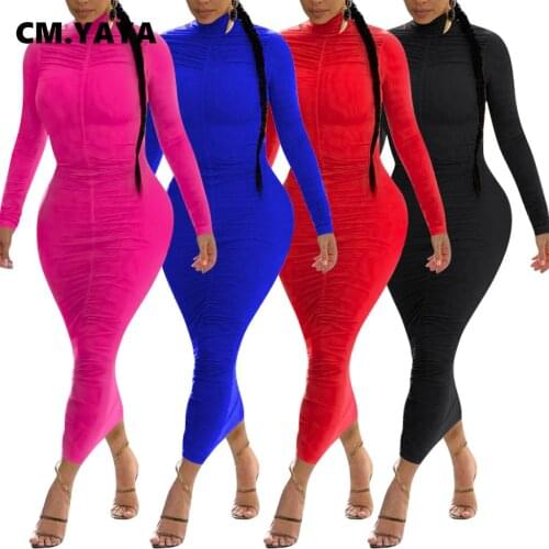 CM.YAYA Streetwear Women Stacked Long Maxi Dress Party Night Club Elegant Bandage Bodycon Ruched Midi Dresses Vestido