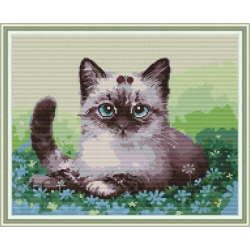 Cats On Flowers And Grass Cross Stitch Cute Animal Pattern Blue Eyed Cat 14CT Embroidery DIY Creative Home Decoration Painting