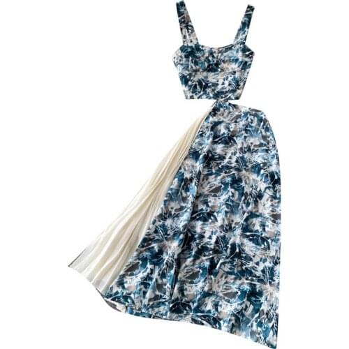 New Summer Beach Vacation Women Sets Fashion Print Sexy Camisole And Pleated Patchwork Long Skirt Two Piece Set