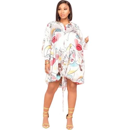 Character Pattern Novelty Irregular Dresses for Women Full Sleeve Turn Down Collar Loose Dress Autumn Female Lantern Vestidos