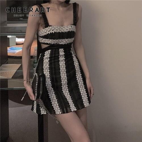 CHEERART Sexy Lace Bodycon Mini Slip Dress Women Backless Tunic Striped Hollow Out Spaghetti Strap Ladies Dress Fashion Clothes