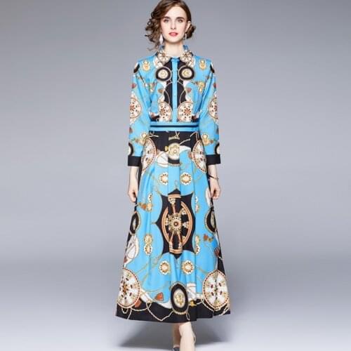2021 Autumn Womens Vintage Print Boho Maxi Dress Robe Femme Runway Elegant Turn Down Collar High Waist Long Dress Vestidos