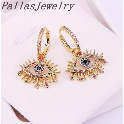 10Pairs,Delicate Rainbow micro pave cz eye shape charm Dangle Earrings For Women Girls Gold Color Fashion Zirconia Party