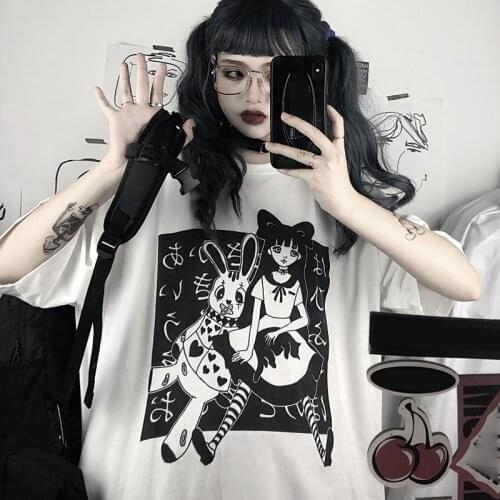 2021 Japan Street Harajuku Anime Cartoon T-shirt Oversize Cute Kawaii Vintage Tops Punk Gothic Clothes Dark Academia