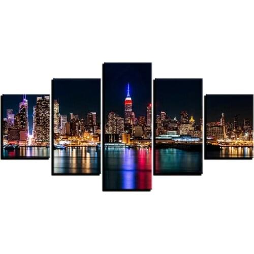 5 Pcs Modern New York City at Night Canvas Picture Print Wall Art Canvas Painting Wall Decor for Living Room Poster No Framed