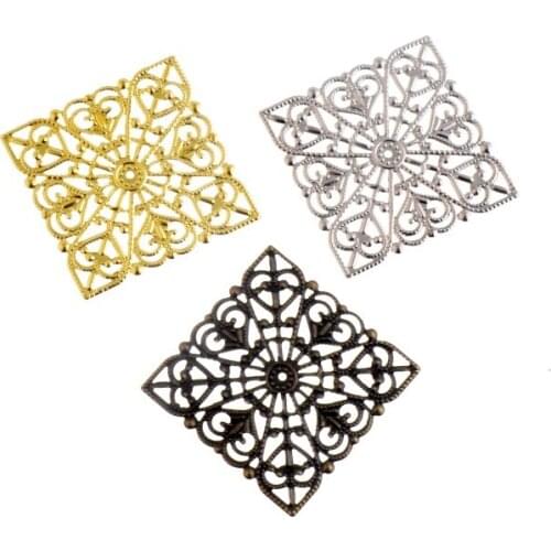 Free shipping 20PCS 3Color Embellishment Metal Crafts Gift Decoration DIY Square Filigree Connectors Hollow 4x4cm