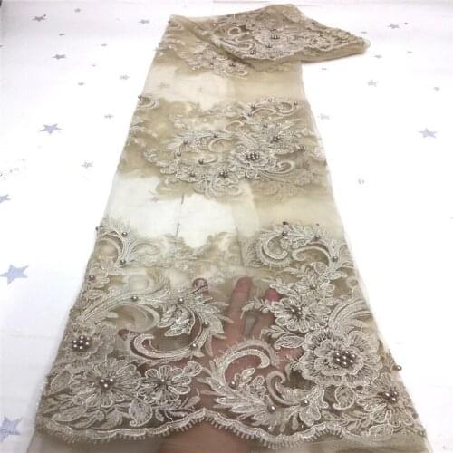 Beige New Arrival beads African Dry Lace Fabric Embroidery French Mesh Lace Fabrics With Sequins For Nigerian Party Dresses