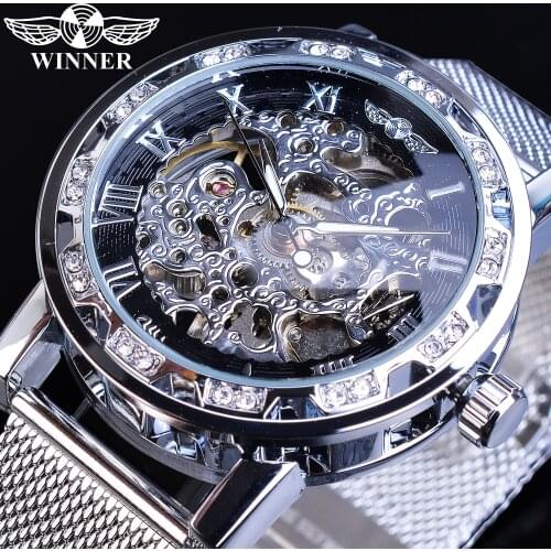 Winner Mens Business Watches Silver Rhinestone Crystal Roman Steel Mesh Slim Strap Clock Mechanical Hand Wind Relogio Masculino