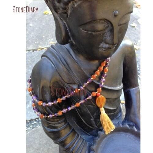 February Birthstone Hand knotted Amethysts Rudraksha & Carnelian 108 Bead Mala Necklace Bohemian Tassel Beads Necklace NM10960