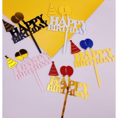 Candy Balloons Acrylic Happy Birthday Cake Topper Gold Birthday Cupcake Toppers Flags for Baby Birthday Party Cake Decorations