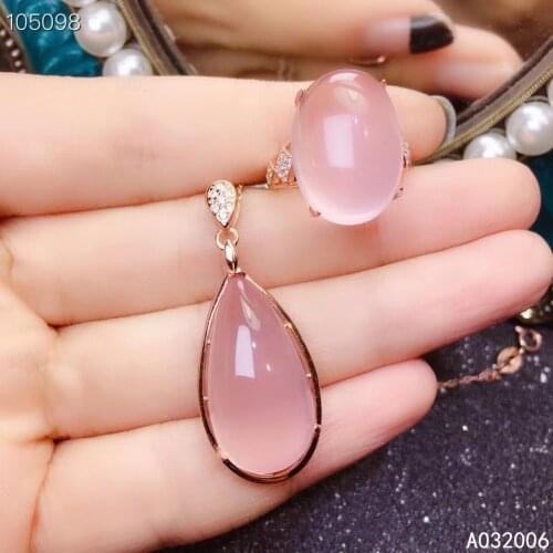 KJJEAXCMY Fine Jewelry 925 Sterling Silver Inlaid Natural Rose Quartz Gemstone luxury Ring Necklace Pendant Set Support test