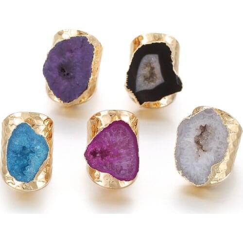Irregular Geode Genuine Stone Hole Open Ring for Women Purple Crystal Adjustable 1pcs Random