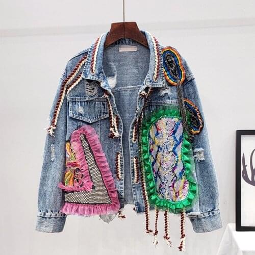 2021 Autumn Streetwear Patchwork Print Frayed Diamonds Denim Jacket Women Mesh Lace Up Short Casual Jean Coat Female Outerwear