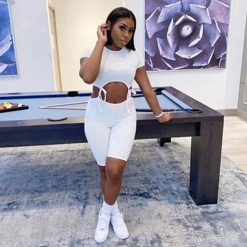 Summer New Sexy Womens Grey White Black Collar Short Sleeves With Tight Pants Shorts