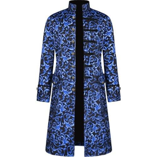 Men Vintage Jacquard Stand Collar Tailcoat Jacket Goth Long Steampunk Formal Gothic Victorian Frock Coat Halloween Costume Homme