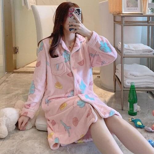 Night gown long-sleeve cardigan lapel yukata flannel print Korean style fresh night skirt ladies home service kimono robe пижама