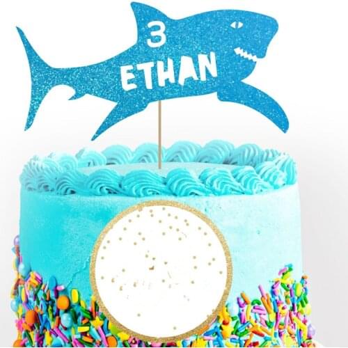 Custom Shark cake topper glitter Shark party birthday cake topper personalised name boys cake topper fish blue any colour