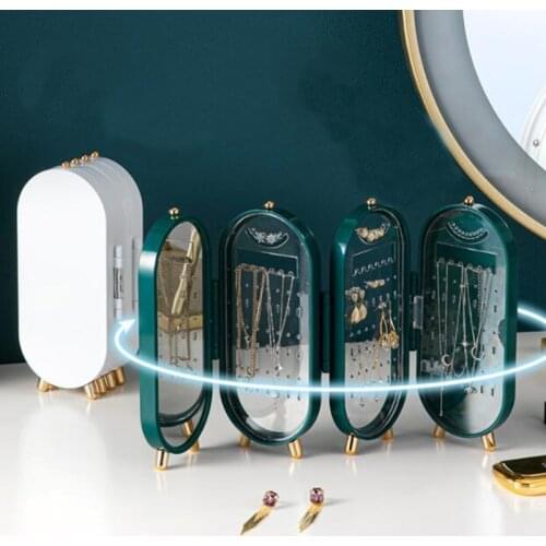 Portable Jewelry Storage Box Earrings Holder Jewelry Organizer Foldable Necklace Hanging Double Sided Stand Display with Mirror