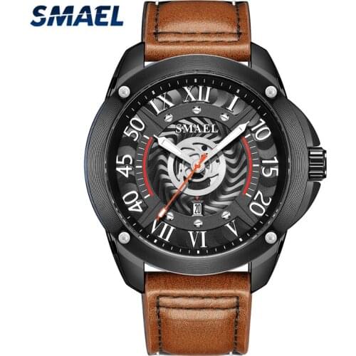 SMAEL Fashion Mens Watches Military Sports Waterproof Clock Top Luxury Brand Leather Date Mens Quartz Watch Analog Wrist Watch