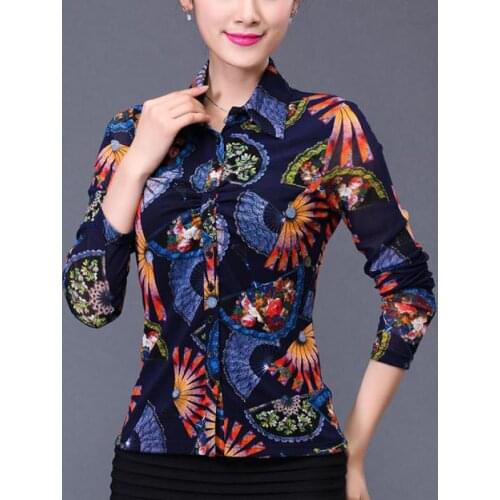 Spring Fall Casual Womens Printed Pattern Colored Full Sleeve Mesh Blouse , Female Women 4XL 3XL Cardigan Stretch Blouses Shirts