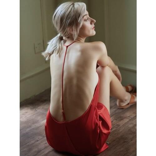 Red Black Sliky Nightgowns Women Sleepwear Backless Hot Temptation Sexy Summer Thin Viscose Fiber V-Neck Mini Nightdress