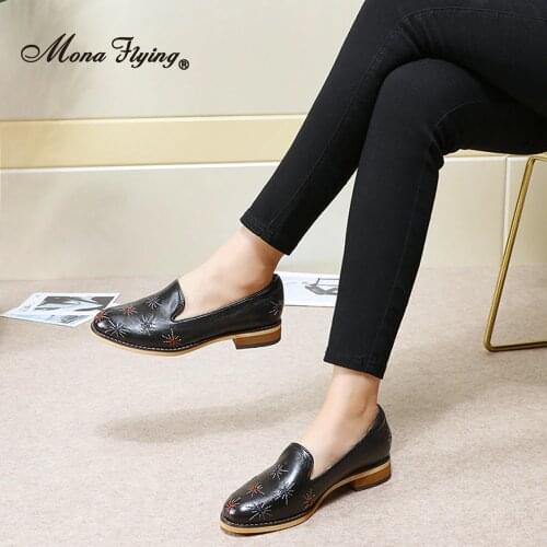 Mona Flying Genuine Leather Loafers Penny Handmade Embroider Shoes Slip On Casual Flat for Women Ladies 2020 New L068-1
