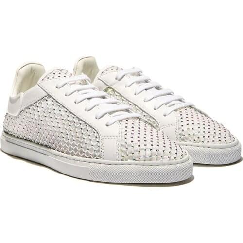 Newest Woman Rhinestone Fishnet Mesh Patchwork Casual Shoes Round Toe Lace Up Flat Low Top Sneaker Female Leisure Shoes Zapatos