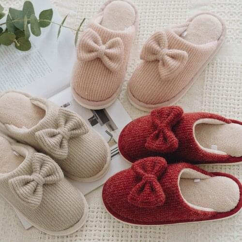 Cartoon Cotton Slippers Womens Winter Couples Non-Slip Platform Warm Slippers Plush Bow Slippers Womens Shoes Slippers Women