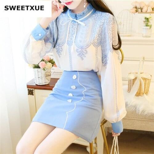 SWEETXUE Fashion Elegant Skirt Suit 2021 spring Womens Small Fresh Chiffon Shirt + High Waist Mini Skirt Ladies 2 Piece Set
