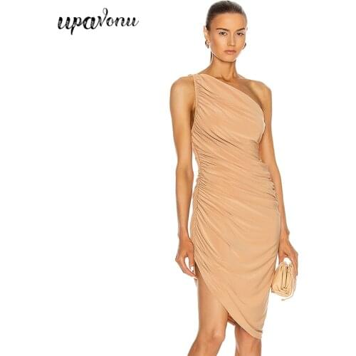 Free Shipping 2021 Womens Summer Irregular Dress Sexy One Shoulder Sleeveless Backless Bodycon Draped Dress Club Party Vestidos