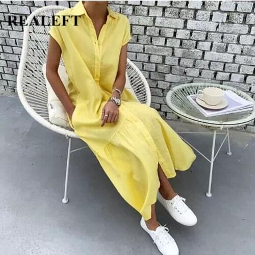 REALEFT Summer 2021 New Sleeveless Womens Shirt Dresses Chic High Waist Single Breasted Female Straight Loose Tank Long Dress