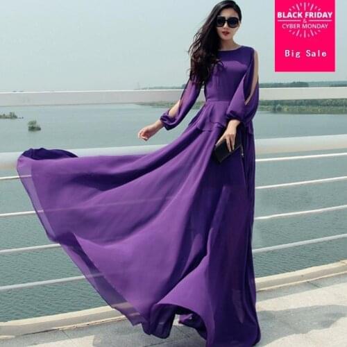 Free shipping 2020 New Womens Fashion Chiffon Purple Off Shoulder Long Dresses Long Sleeve Slim Waist Maxi Dress for Sping w281
