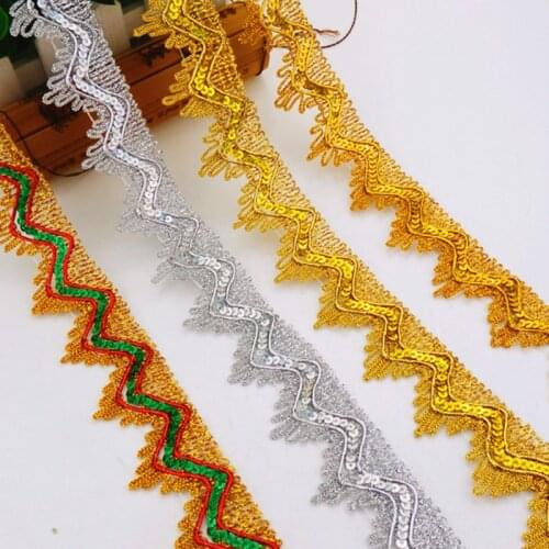 Carnival Cosumes Ribbon Lace 6 Yds/Lot 3D Floral Lace Sequined Wave Crochet Gold Silver Braid Trims Gold Sewing Band 3.5cm