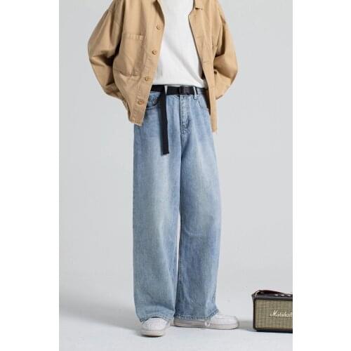 2021Mens Fashion Wide Leg Pants Baggy Homme Biker Denim Trousers Classic Cargo Pocket Jeans Blue Daddy Casual Pants S-2XL