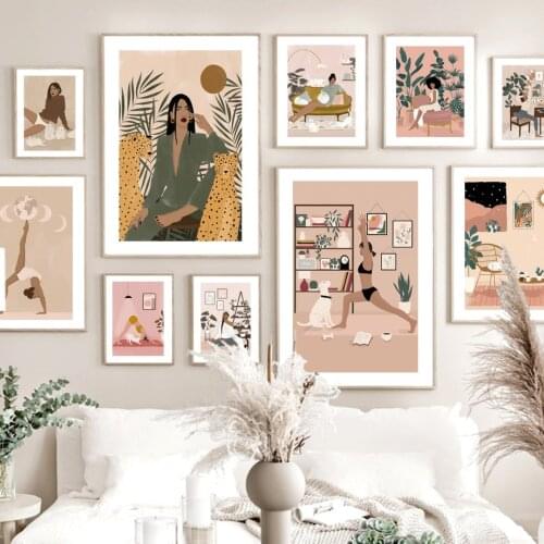 Abstract Figure Yoga Girl Leopard Cat Dog Nordic Poster Modern Wall Art Prints Canvas Painting Decor Pictures For Living Room